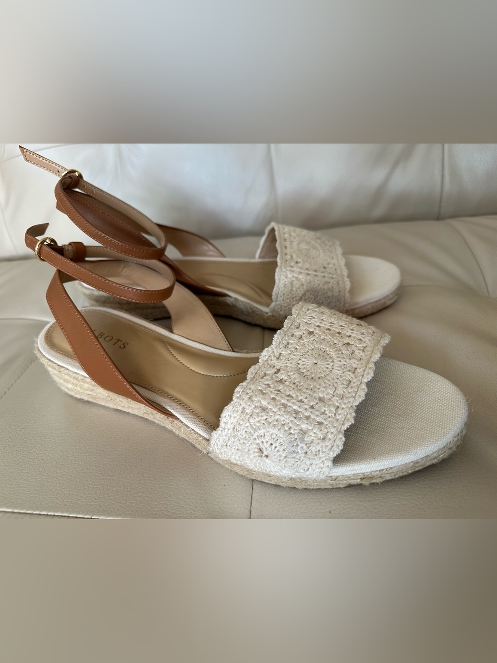 Talbots Cream Espadrille Wedges with Brown Ankle Straps - Picture 3 of 5